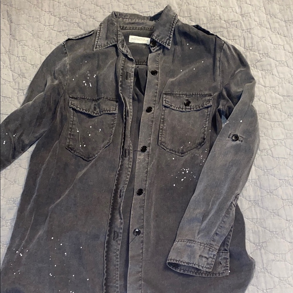 Zara Grey Super Soft Button Down With White Platt… - image 1